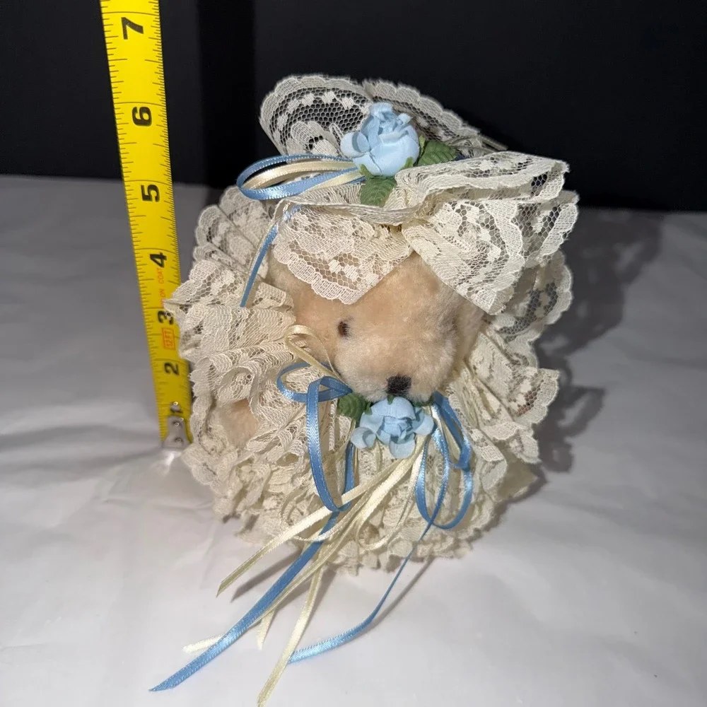 Vintage Teddy Bear Plush Cream Small Cream Lace Blue Ribbon Ruffle Victorian 6